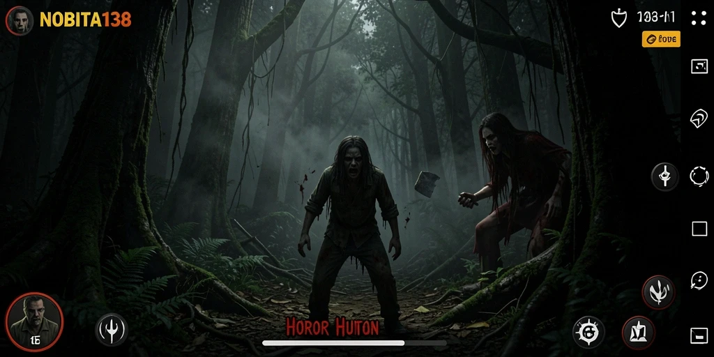 Tampilan antarmuka dan suasana permainan Horor Hutan yang mencekam.