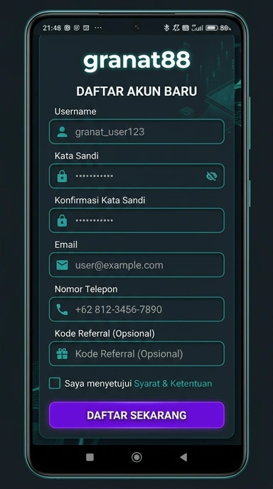 Tampilan halaman daftar granat88